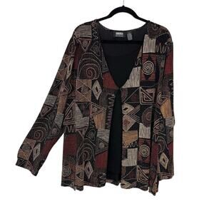 Baranda Woman Attached Top Cardigan size 2X Black Multicolor Art to Wear Boho